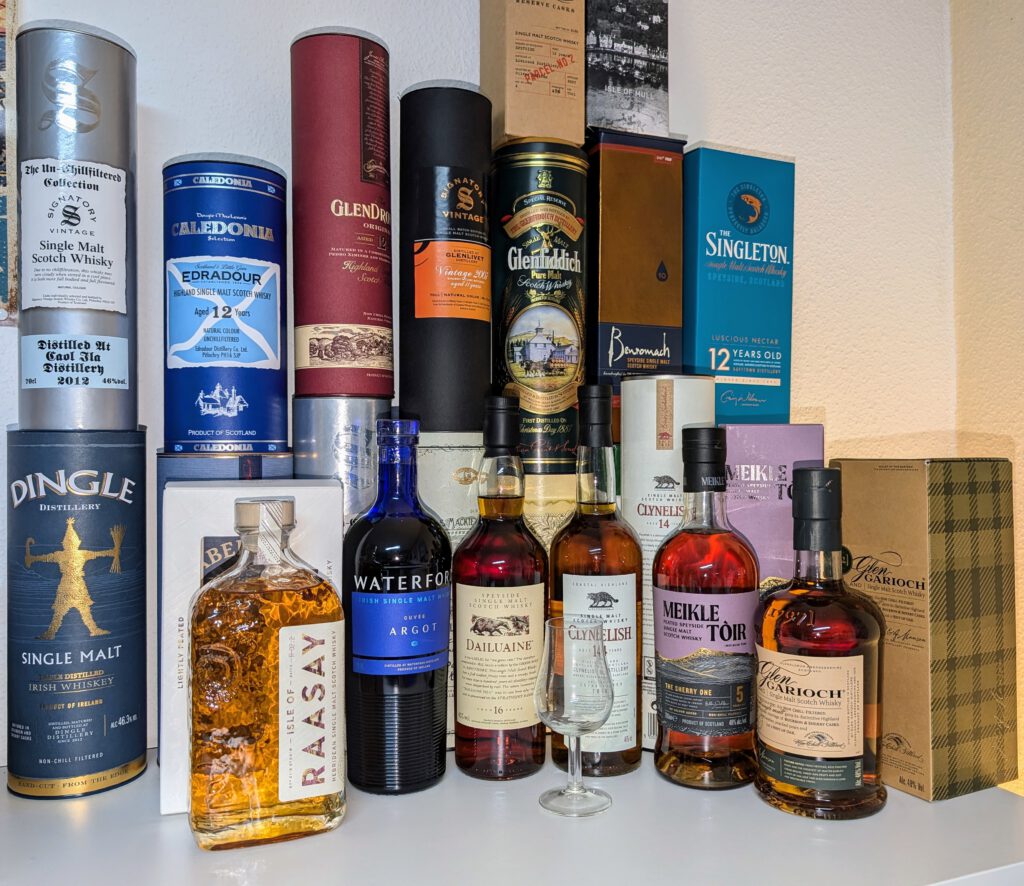 Neuheiten in diesem Jahr:  Glen Garioch, Isle of Raasay, Waterford Cuvee Argot, Dailuaine 16 Jahre, Clynelish 14 Jahre und Meikle Toir peated